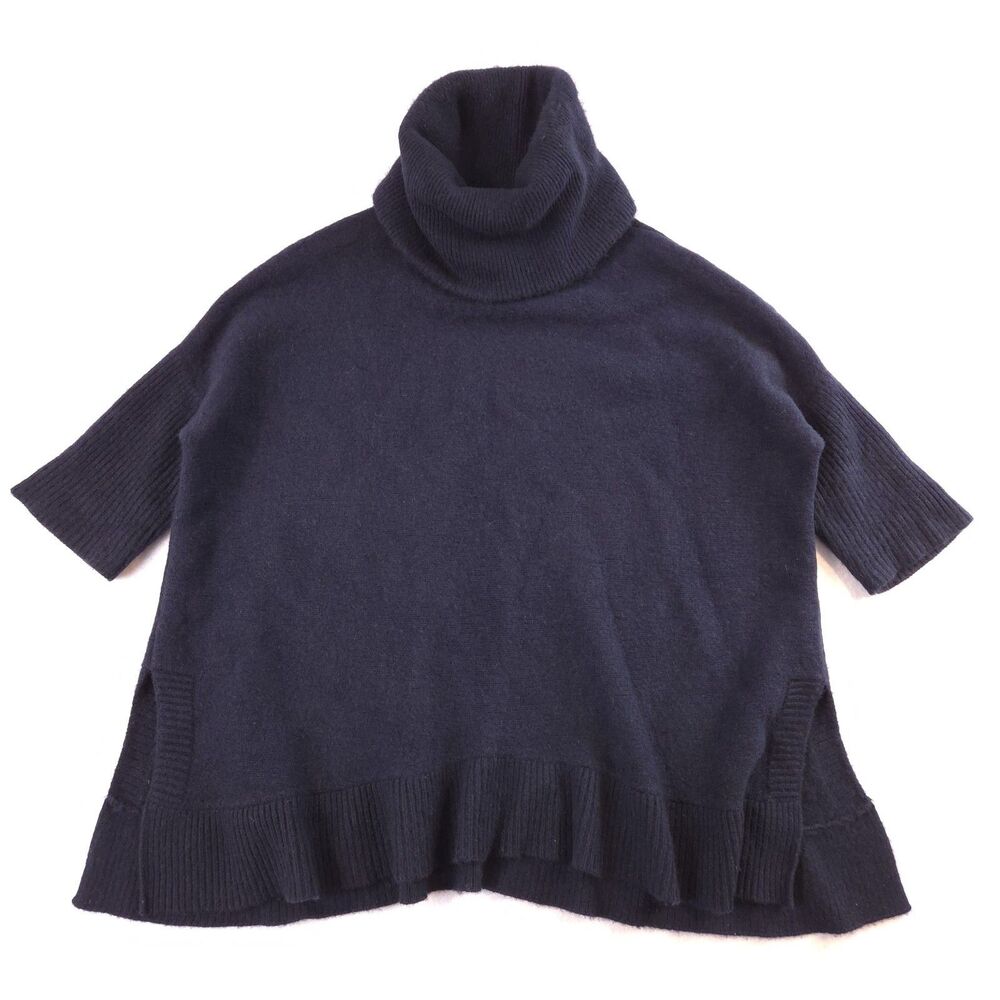 Zen Cashmere Oversized 100% Cashmere Sweater Poncho Navy Blue M Mock Neck
